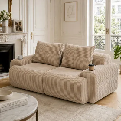 Produktbild von Modulares Cordsofa - 2-Sitzer, Khaki - Vakuumverpackt - Inklusive Getränkehalter und Aufbewahrungstasche - Hochverdichteter Schaumstoff