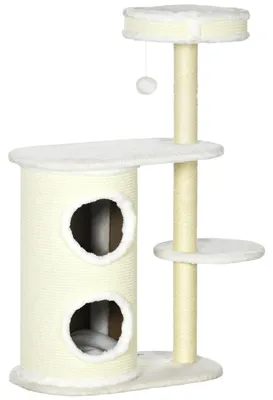 Image de Arbre à chat - Avec poteau à gratter - 1 panier pour chat - Jouets pour chat - Sisal - Peluche - Crème