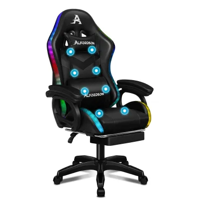 A black gaming chair with LED lights and massage features.