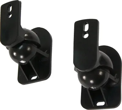 Two black speaker wall mounts are shown against a white background.