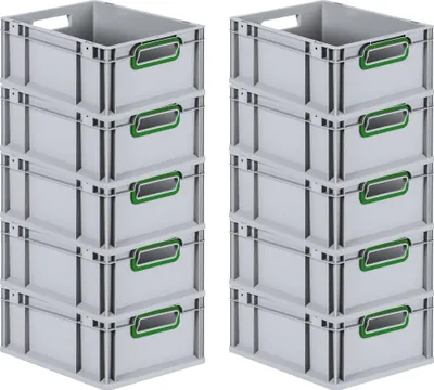 Produktbild von SuperSparSet 10x Eurobox NextGen Color | HxBxT 17x30x40cm | 16 Liter | Griffe grün offen | Glatter Boden | Grau | Eurobehälter, Transportbox, Transportbehälter, Stapelbehälter