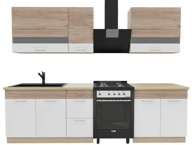 Obrázek produktu pro Kuchynská linka 270 cm – ECONO B – dub Sonoma – bílá lesklá – bez pracovní desky – vestavená kuchyne se systémem Soft-Close – zásuvky s kovovými úchytkami