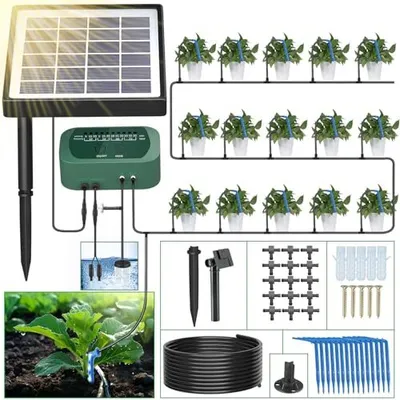 Imagen del producto de Sistema de riego solar Soulbay, temporizador para riego automático por goteo, kit para plantas de 150 cm, ideal para jardines, balcones, céspedes, plantas en macetas, huertos y cultivos