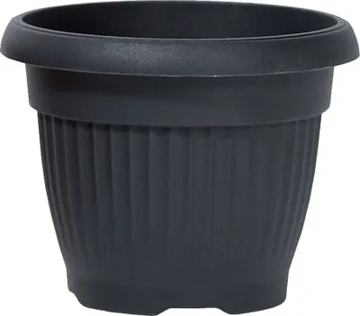A dark gray plastic plant pot with a ribbed texture.
