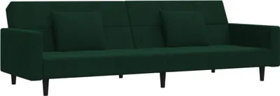 A dark green velvet sofa with two cushions, shown from the front.