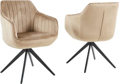Two views of a beige upholstered swivel chair with black metal legs against a white background.