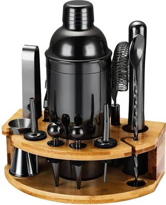Productafbeelding van Unyqoos® Cocktailshaker-set, 12-delig – 750 ml shaker, roestvrij staal geschikt voor contact met voedsel, maatbeker (jigger) 15/30 ml, stamper (muddler), zeef, ijslepel, 2 schenktuiten, bamboestandaard voor thuisgebruik