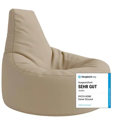 A beige beanbag chair with a promotional badge on the lower right.