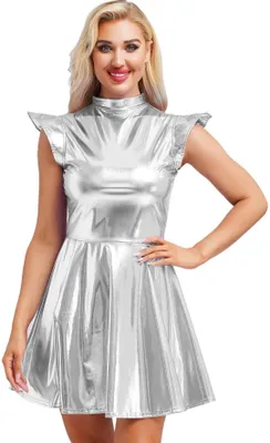 Produktbild von Damen Alien Kostüm Metallic Kleid Gr L Silber mit Fühler Haarreif Space Girl Weltraum Karneval Fasching Halloween Party Show