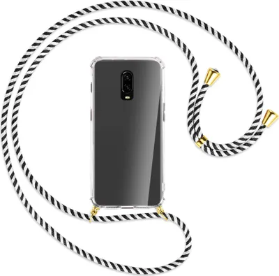 Produktbild von Handykette Backcover-Schutzhülle mit Band (Metall goldfarben) für OnePlus 6T, OnePlus 7 - schwarz/weiß gestreift