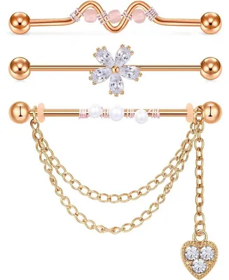 Produktbild von Industrial Piercing Bar Set mit Kette Chirurgenstahl Knorpel Barbell Schmuck 14G 1.6mm Silber Rosegold 3 Stück
