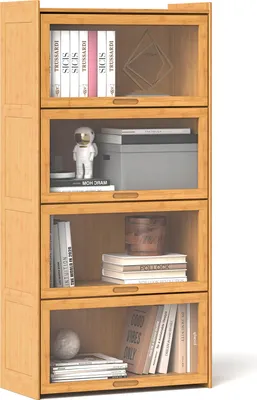 Zdjęcie produktu dla COSTWAY 4-poziomowy regał z drzwiami, bambusowa półka o wysokości 140 cm z przezroczystymi akrylowymi drzwiami, wolnostojąca gablota nature
