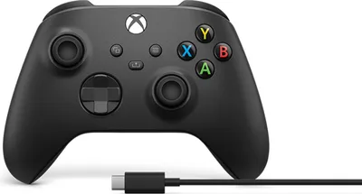 A black Xbox wireless controller with a USB-C cable attached, shown on a white background.
