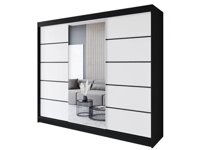 Produktbild von Easy4You R6 250 cm Schwarz/Weiß Schiebetüren Kleiderschrank 250x215x58 cm mit Spiegel - Schlafzimmermöbel, Aufbewahrung - Mehrzweckschrank