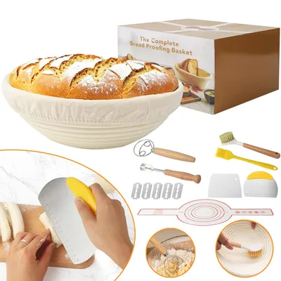 Produktbild von Gärkorb Set Aus Rattan Mit Zubehör, Brot‑Gärkorb Mit Abnehmbarem Leinenbezug Für Sauerteigbrot‑Backen