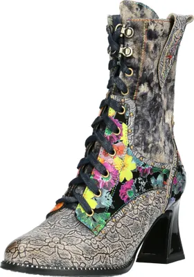 Produktbild von Laura Vita Damen Stiefelette Leder Schnürung Mustermix Blumen Nieten Jacbo 08, Größe:38 EU, Farbe:Grau