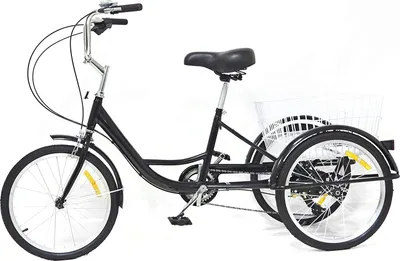 Zdjęcie produktu dla 20-calowy rower trójkołowy dla dorosłych 8 biegów 3-kołowy rower trójkołowy z koszykiem na zakupy, rower z pedałami, trójkołowy rower z fotelikiem （czarny）