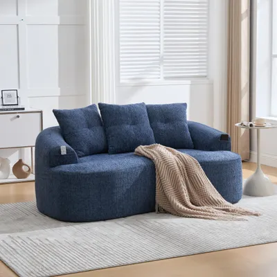 Produktbild von okwish Sofa Chenille Zweisitzer inklusive drei Zierkissen Geschwungene Form Extra Tiefer Sitz Taschenfederkern Komfort Für Wohnzimmer Blau