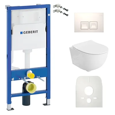 Produktbild von DOMINO Geberit Duofix Basic Vorwandelement + Wand-WC Tiefspül Brava Becken Weiß Spülrandlos + Bedienplatte Delta 25 für Doppelspülung | Komplettes Set
