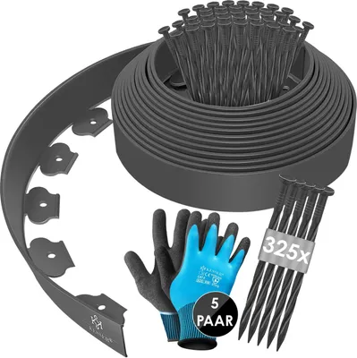 Produktbild von KESSER® Flexible Rasenkante aus Kunststoff Länge 10m Höhe 5cm, mit 50 Erdanker + Handschuhe, Beeteinfassung Beetumrandung Beetbegrenzung Mähkante Pflastersteine Palisade