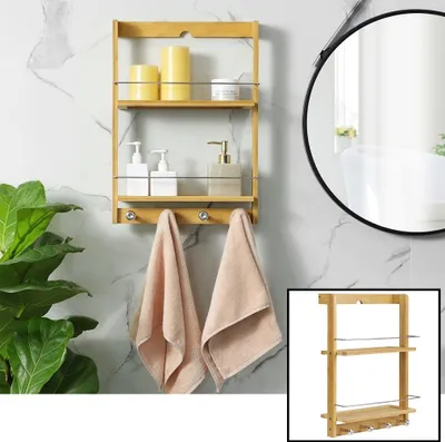 Produktbild von Hängendes Badezimmerregal aus Bambusholz - Mit 2 Einlegeböden und 4 Handtuchhaken - Luxus Handtuchregel / Handtuchhalter / Wandregal für das Badezimmer - Decopatent