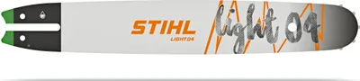 A STIHL chainsaw guide bar is shown against a white background.