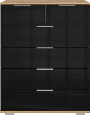 Produktbild von Schubkastenkommode "Easy Plus Kommoden" in Artisan-Eiche mit 6 Schubladen und Absetzungen in GLAS SCHWARZ. Abmessungen (BxHxT) 82x102x42 cm