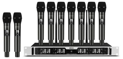 Image de Ensemble de microphones sans fil - 8 microphones portables - Portée de 80 mètres - Facile à utiliser (plug-and-play) - Idéal pour le karaoké