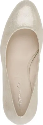 A top-down view of a single gold-colored pump shoe.