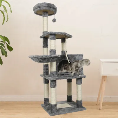 Produktbild von Kratzbaum Katzenbaum Stabiler Kletterbaum mit Katzenhäusern Plüsch Kratzbaum 135 cm hoch Grau