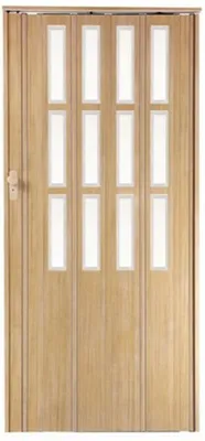 A closed folding door with glass panels.