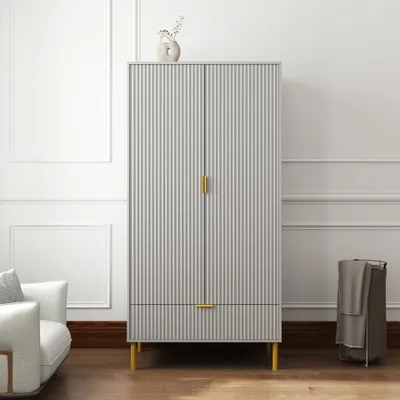 Produktbild von Vertikaler Doppel-Tuerenschrank mit 1 Schublade 90x55x180 cm PVC MDF + PB MDF Metallfuesse Schublade Kleiderstange Stauraum Grau