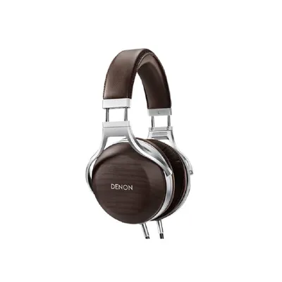 A pair of Denon headphones on a white background.