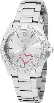 A studio shot of a silver women's watch with a silver dial and pink heart detail.