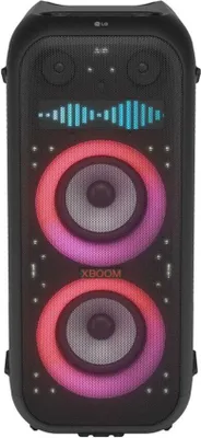 A black LG XBOOM XL9T Bluetooth speaker with colorful LED lights.