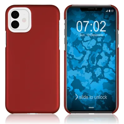 A red phone case shown from the front and back, next to a smartphone displaying a lock screen.