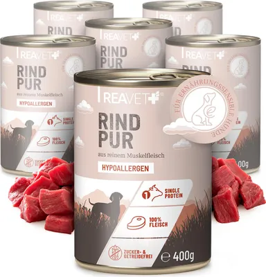 Produktbild von REAVET Premium Hunde Nassfutter - Rind Pur 6 x 400g I Reines Muskelfleisch, Hypoallergen, ohne Getreide & Zusätze, Hundenassfutter sensitiv für Allergiker