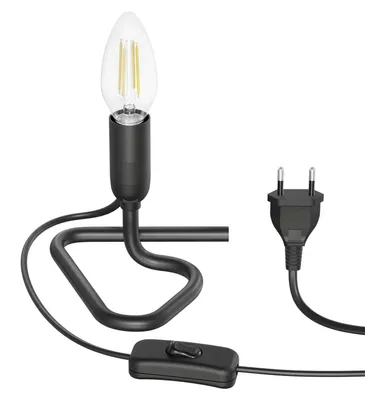 Image de lampe de table TRIN noire, avec prise et interrupteur, de la marque ledscom.de, et une ampoule LED E14 de 452 lumens, lumière blanc chaud