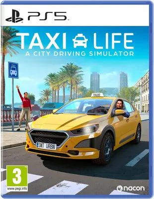 The image is a video game box art for 'Taxi Life: A City Driving Simulator' on PlayStation 5. It features a yellow taxi cab in the foreground with a driver and a passenger hailing the cab. The background shows a city skyline with palm trees.