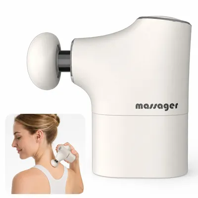 Produktbild von Mini Massagepistole, tragbares Faszienmassagegerät mit leisem Motor, 4 Geschwindigkeiten, 3200 U/min, wiederaufladbare Muskelmassagepistole mit Massageköpfen für Nacken, Rücken und Beine