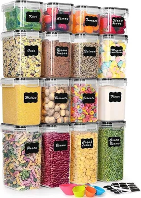 Immagine prodotto di Set di 16 contenitori per alimenti Unyqoos® – contenitori ermetici con coperchio (4 x 2,0 L | 8 x 1,4 L | 4 x 0,8 L), plastica senza BPA, impilabili, ideali per farina e cereali