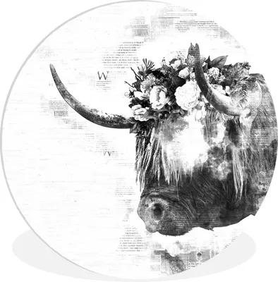 Produktbild von MuchoWow® Rundes Wandbild - Runde Bilder Schottischer Highlander - Abstrakt - Schwarz - Weiß Ø 60 cm Kreis Wanddekoration Kunststoff - Wandkreis - Wandschmuck - Wand Kreis - Das Schlafzimmer - Die Bilder - Wandmalerei - Kunst für das Haus - das Plastik