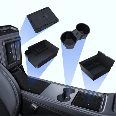 Image de Accessoires pour Tesla Model Y (2021-2024) et Model 3 (2021-2023) : ensemble de 4 pièces comprenant un organisateur pour la console centrale, une boîte de rangement pour l'accoudoir et un porte-gobelets