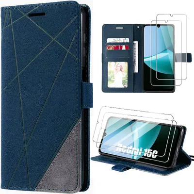 Image de Coque + 2 Verres Trempés pour Xiaomi Redmi 15C 4G/5G, Protection 360 CuirPolyuréthaneMotif Rayures - Bleu Marine
