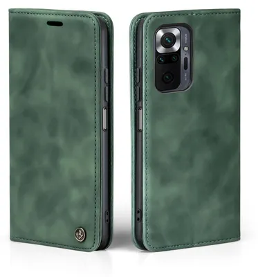 A green flip case for a smartphone is shown from the front and back.