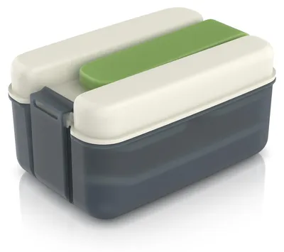 Produktbild von Arendo Lunchbox 1,2 l mit Kühlakku im Deckel, Brotdose mit 3 Innenboxen 2x 150 ml und 1x 350 ml, Spork, Klickverschluss, mikrowellen- und spülmaschinengeeignet, grau/grün