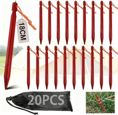 Productafbeelding van Tentpennen, aluminiumlegering, 18 cm, 20 stuks, met bevestigingskoord, voor kamperen