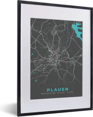 Produktbild von MuchoWow® Gerahmtes Poster Stadtplan - Deutschland - Blau - Plauen - Karte 30x40 cm - Poster mit Schwarzem Bilderrahmen Wandposter Rahmen Foto Bilder - Wandposter Schlafzimmer
