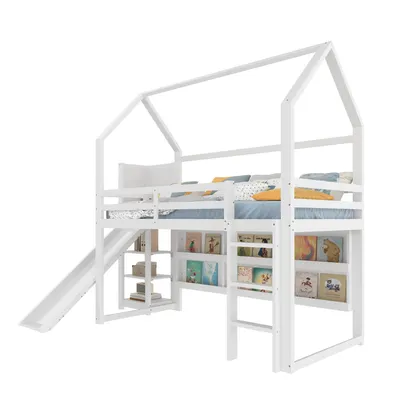 Produktbild von Hochbett mit Regal, Rutsche und LED-Beleuchtung, 90x200 cm, Kinderbett mit Rausfallschutz, Kiefer