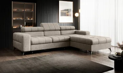 Produktbild von Ecksofa POWER L-form Ecke mit einstellbare Kopfstützen und Schlaffunktion, Farbe Beige Infinity 02 Stoff , Couchgarnitur, Sofagarnitur, Schlafsofa, Wohnzimmer sofa mit Bettkasten